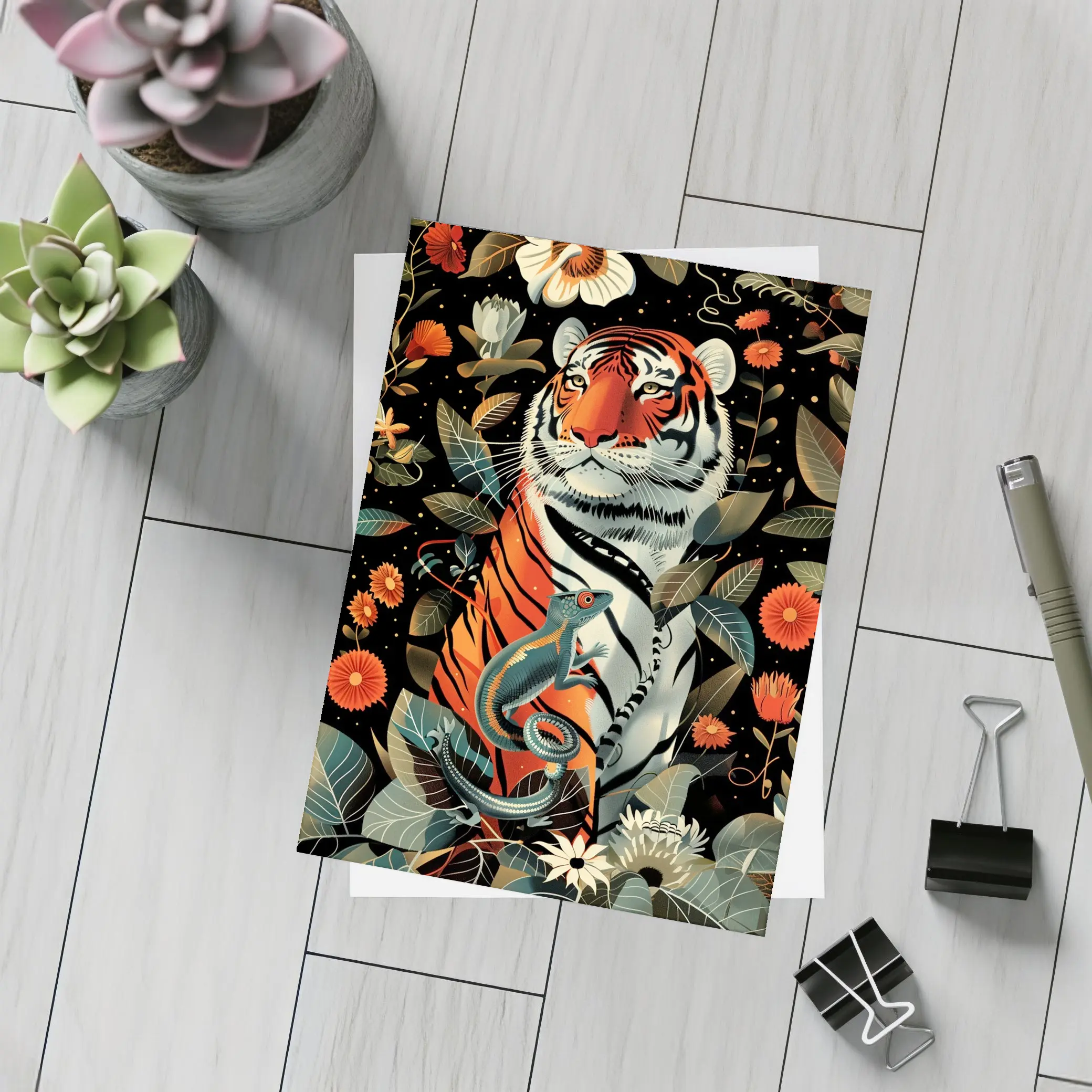 Tiger And Lizard Floral Dark Botanical Art – Postcards