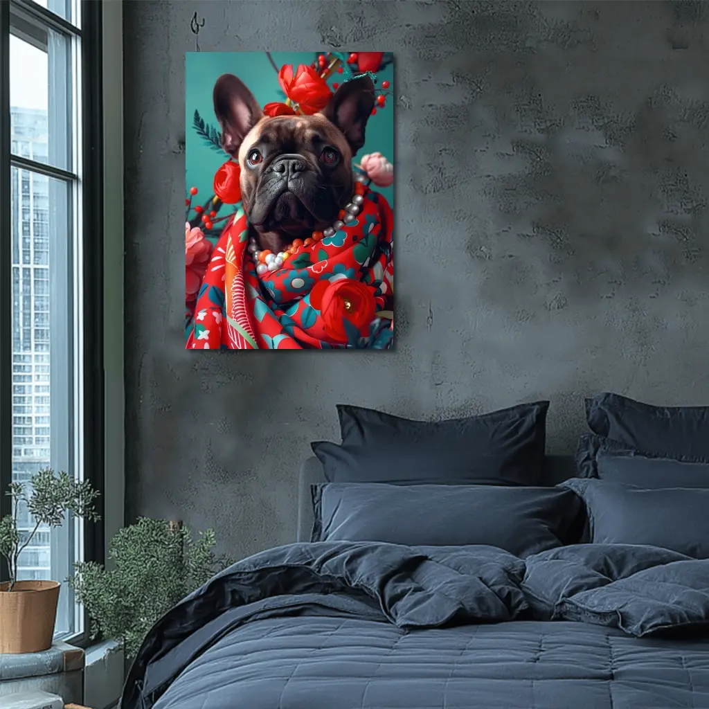 French Bulldog Floral Portrait Teal Background – Wall Art