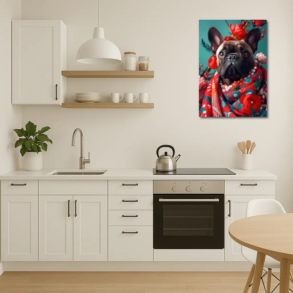 French Bulldog Floral Portrait Teal Background – Wall Art