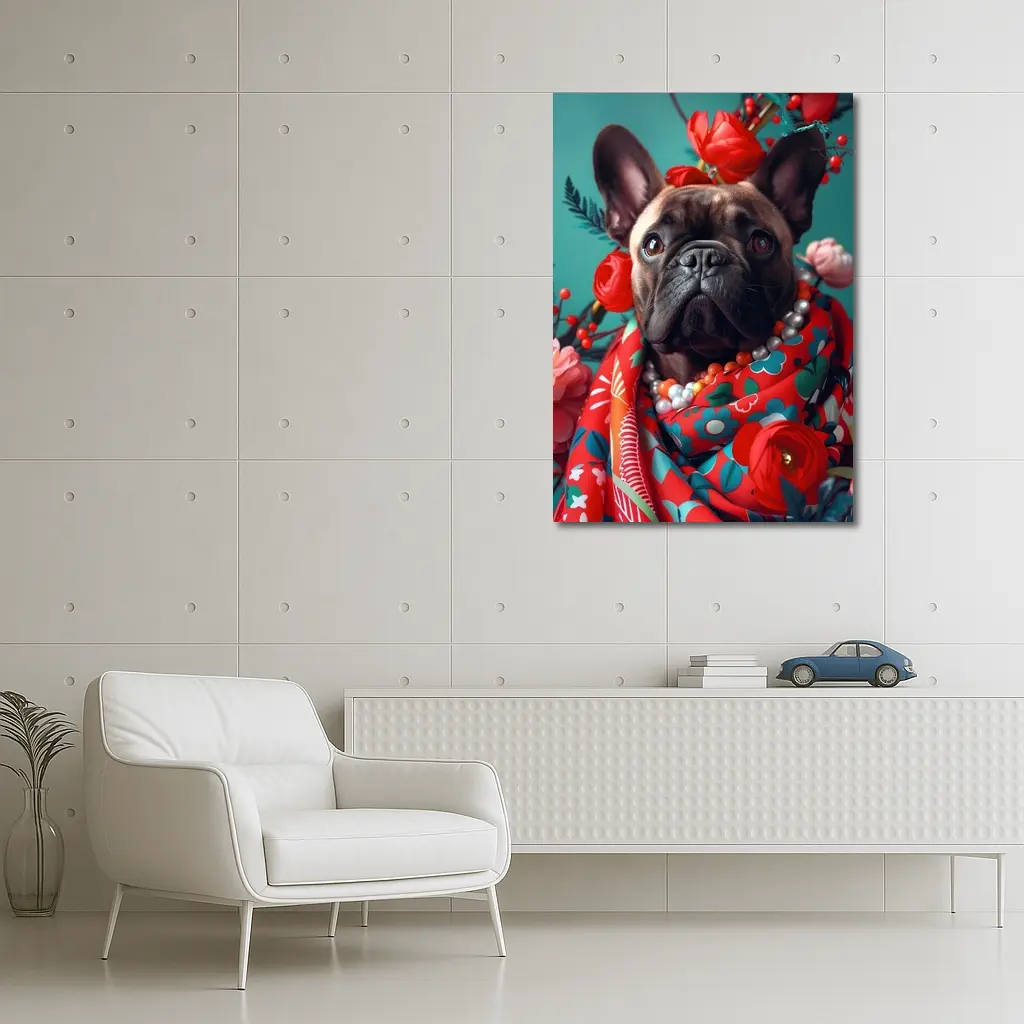 French Bulldog Floral Portrait Teal Background – Wall Art