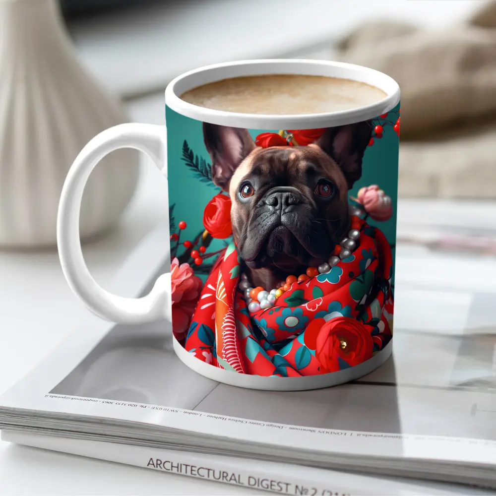 French Bulldog Floral Portrait Teal Background – Mugs