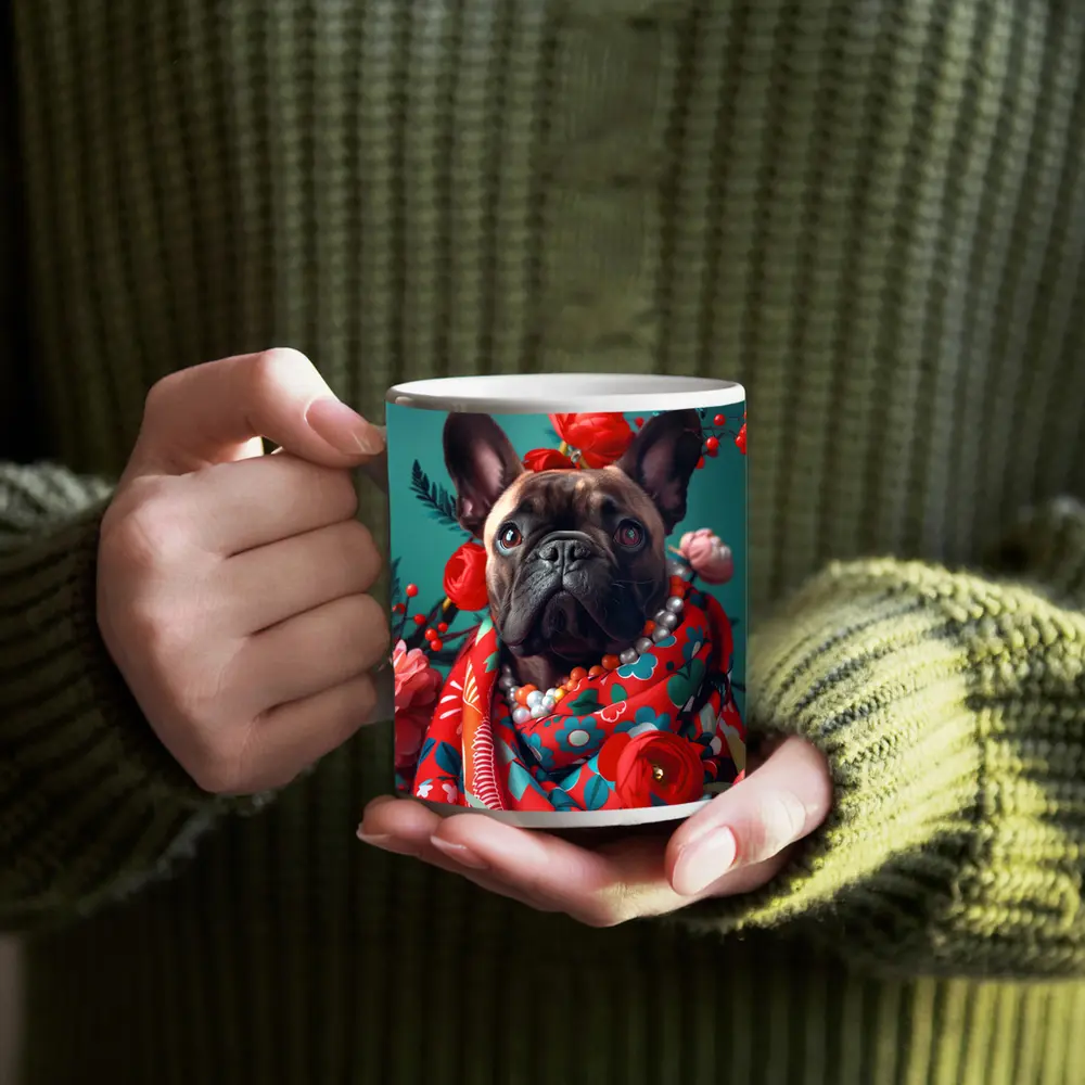 French Bulldog Floral Portrait Teal Background – Mugs
