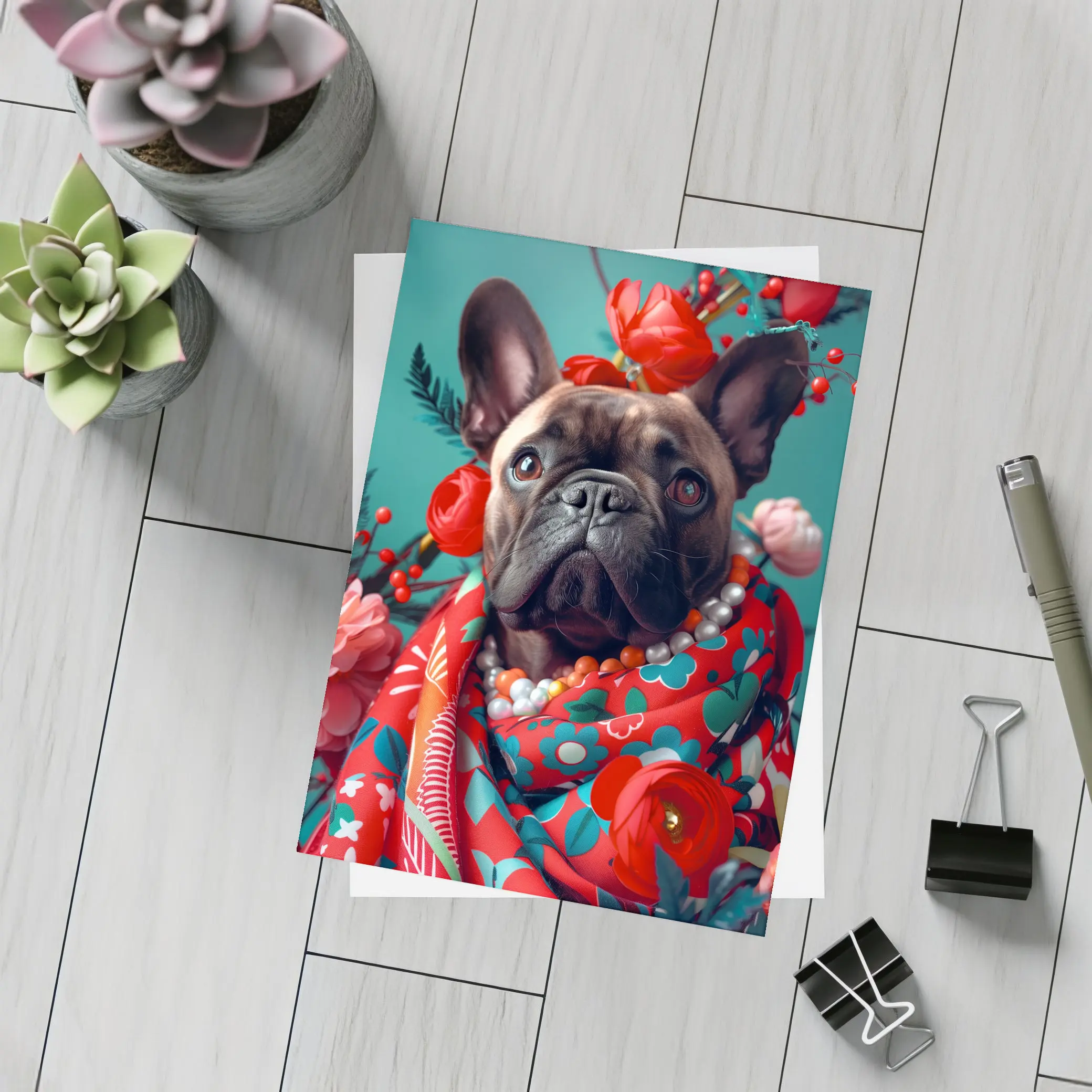 French Bulldog Floral Portrait Teal Background – Postcards