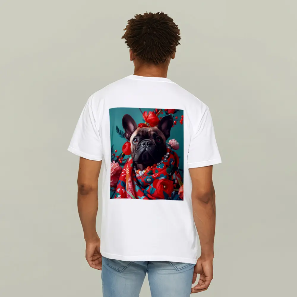 French Bulldog Floral Portrait Teal Background – T-Shirts