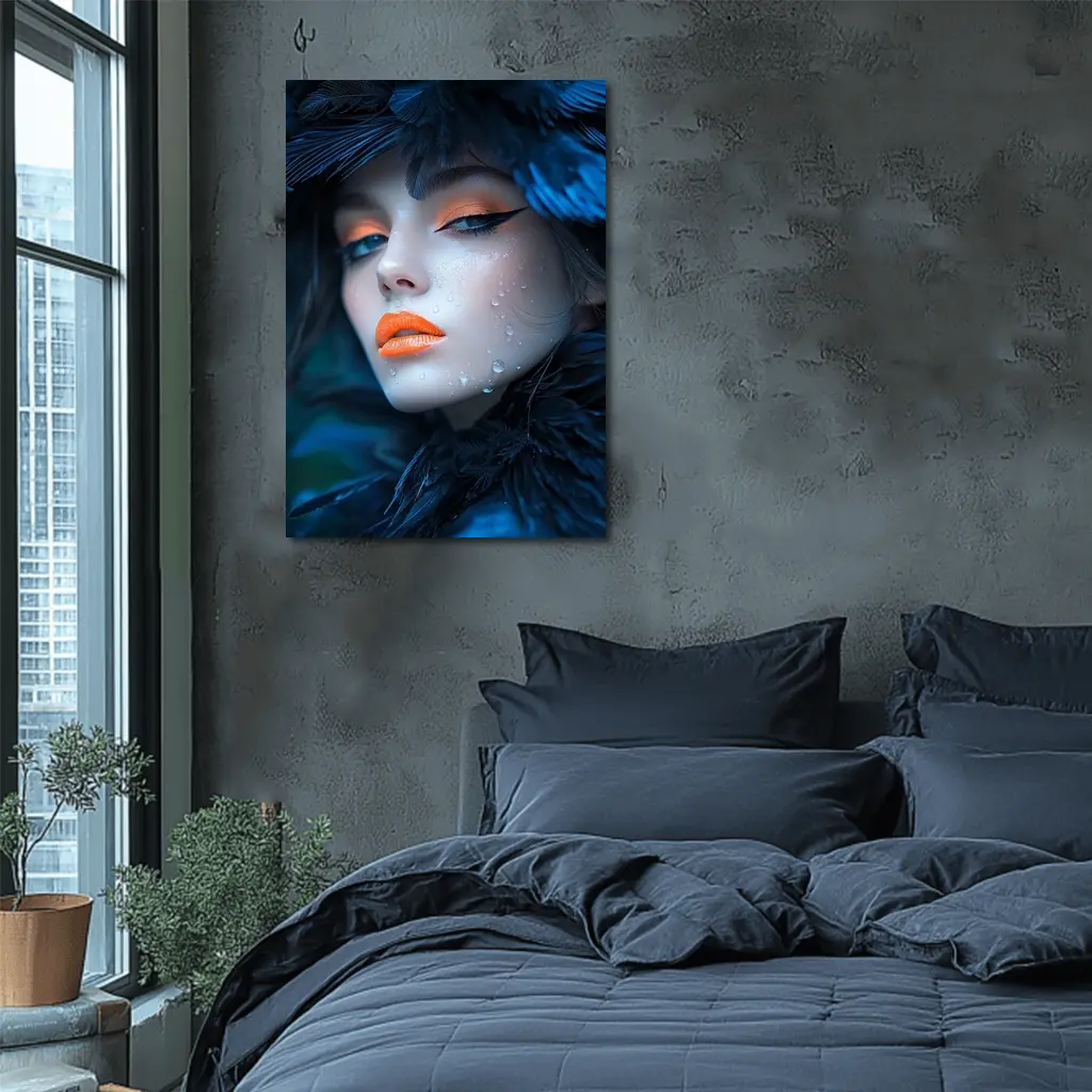 Woman Blue Feathers Orange Lips Portrait – Wall Art