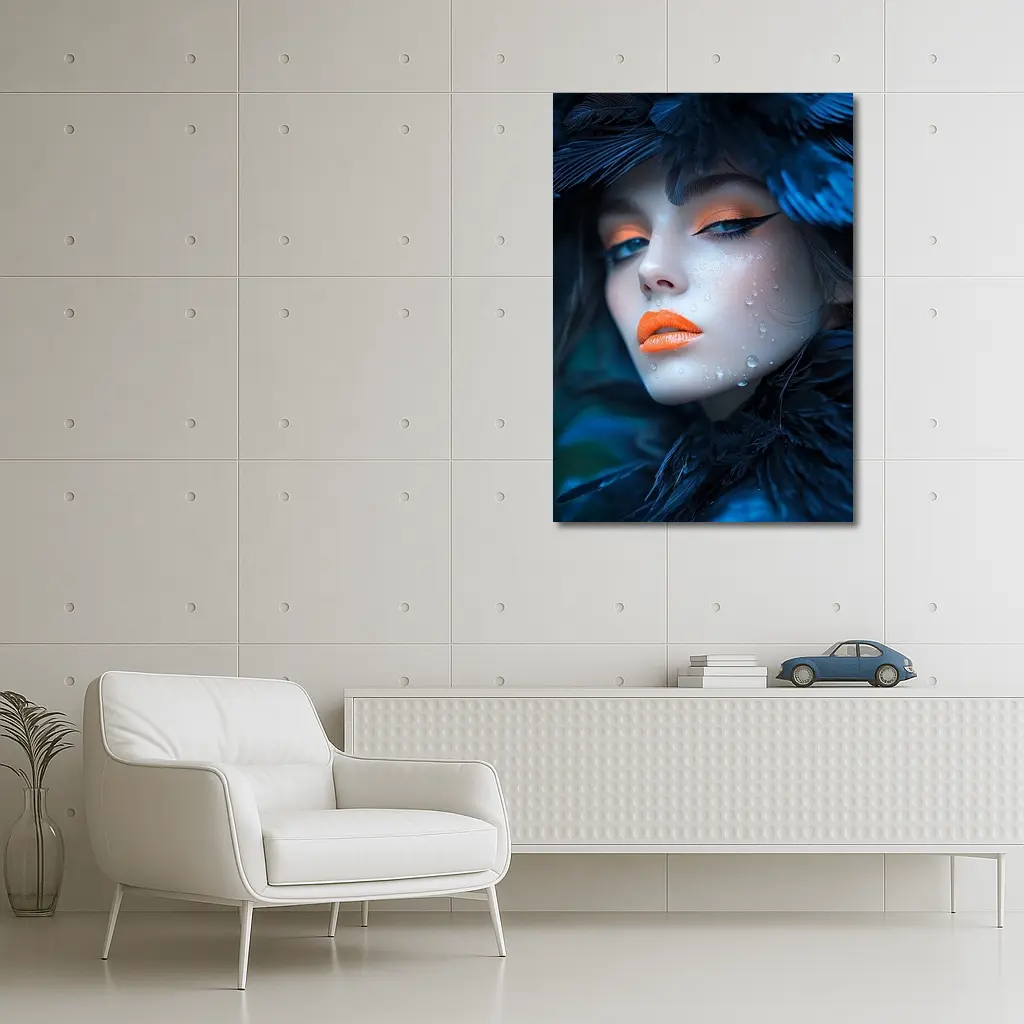 Woman Blue Feathers Orange Lips Portrait – Wall Art