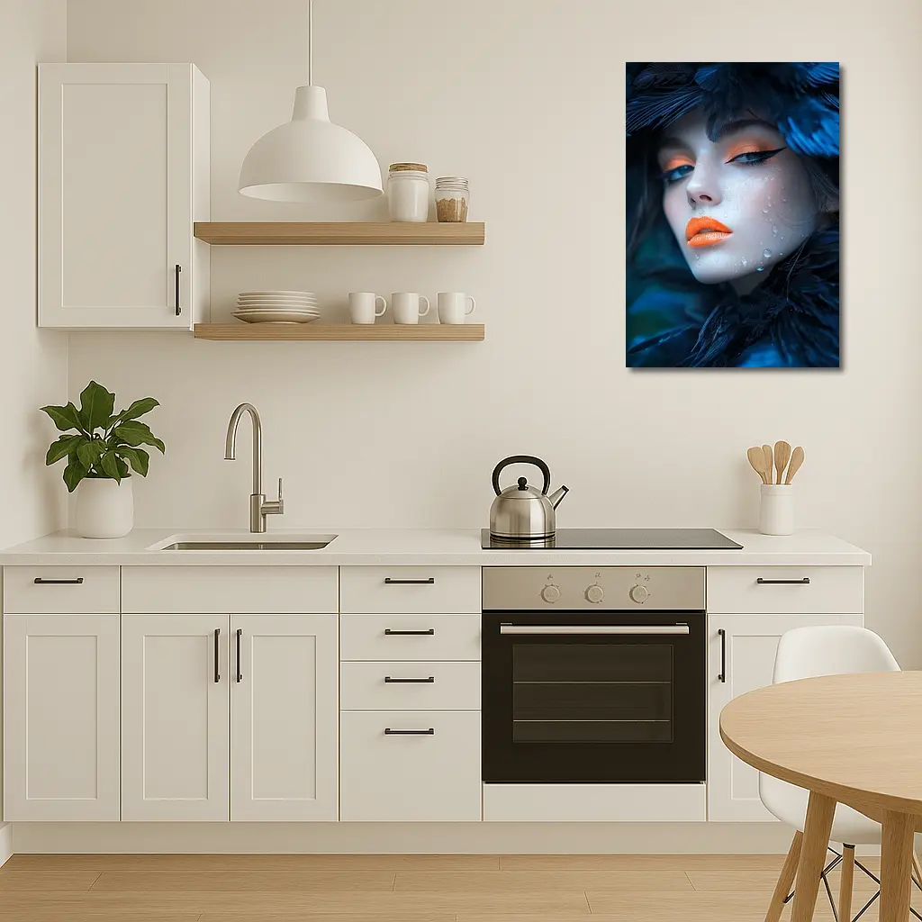 Woman Blue Feathers Orange Lips Portrait – Wall Art