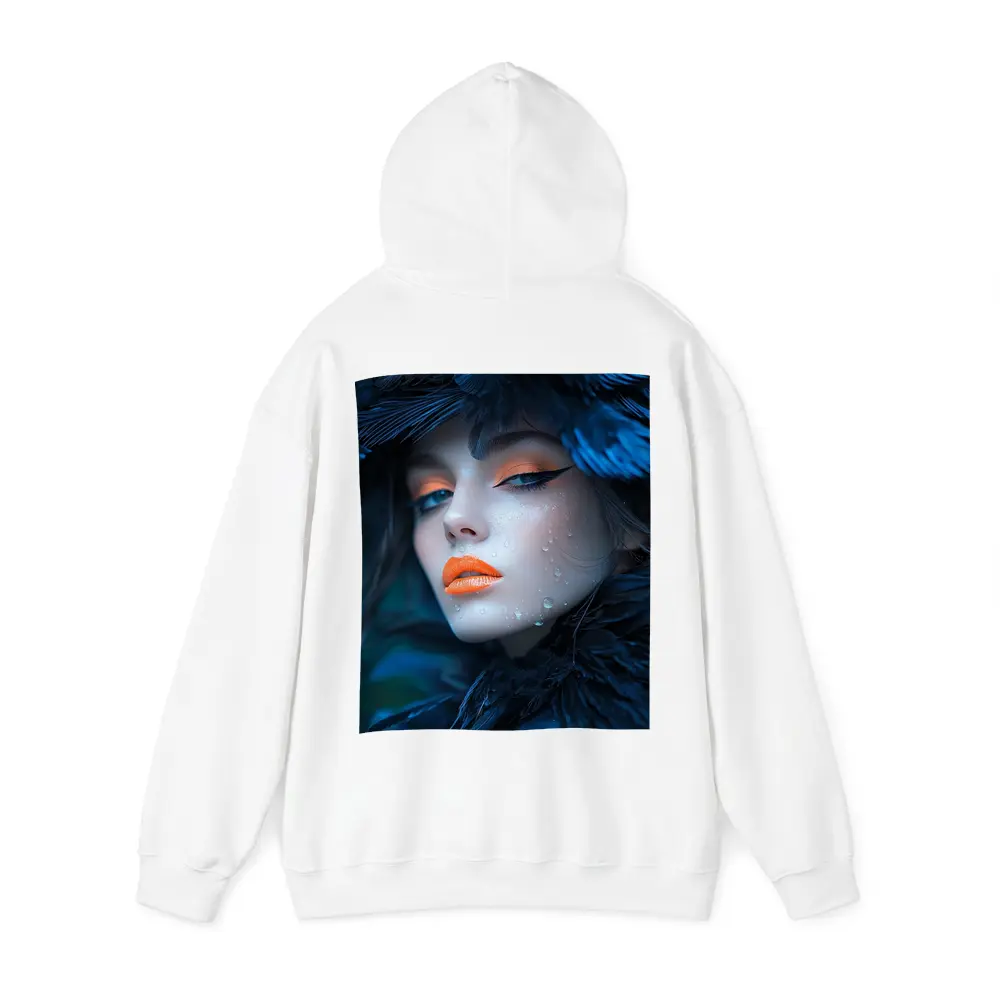 Woman Blue Feathers Orange Lips Portrait – Hoodies