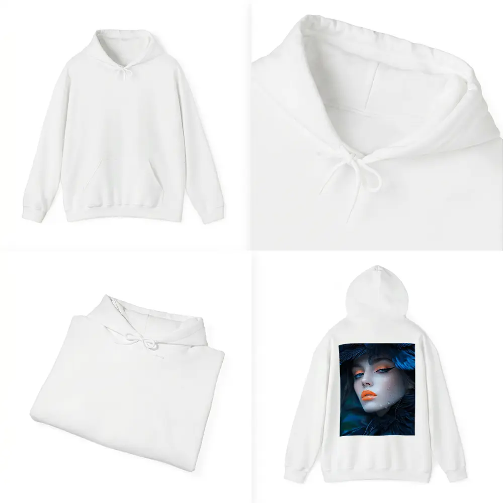 Woman Blue Feathers Orange Lips Portrait – Hoodies