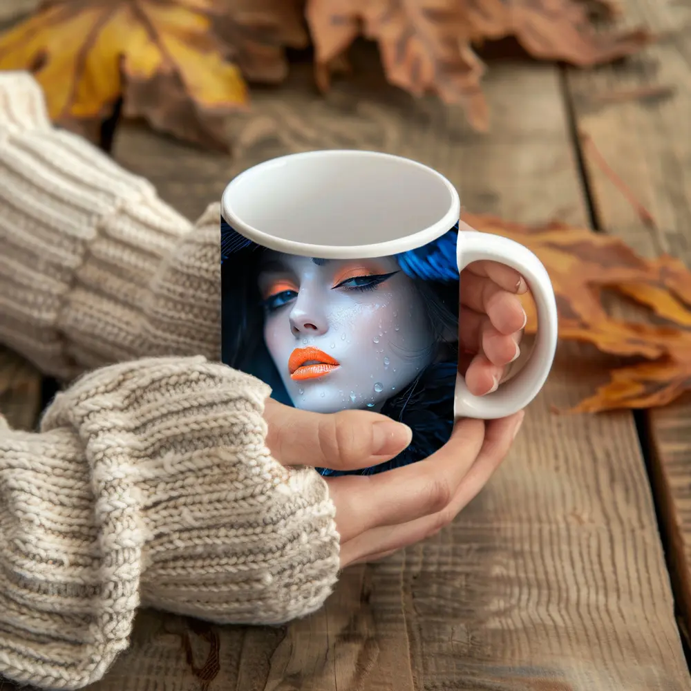 Woman Blue Feathers Orange Lips Portrait – Mugs