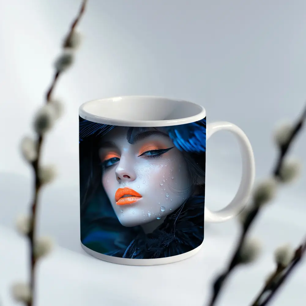 Woman Blue Feathers Orange Lips Portrait – Mugs