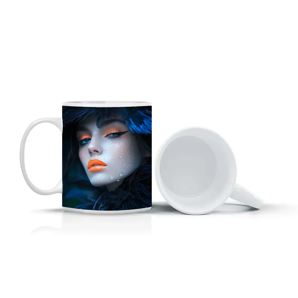 Woman Blue Feathers Orange Lips Portrait – Mugs