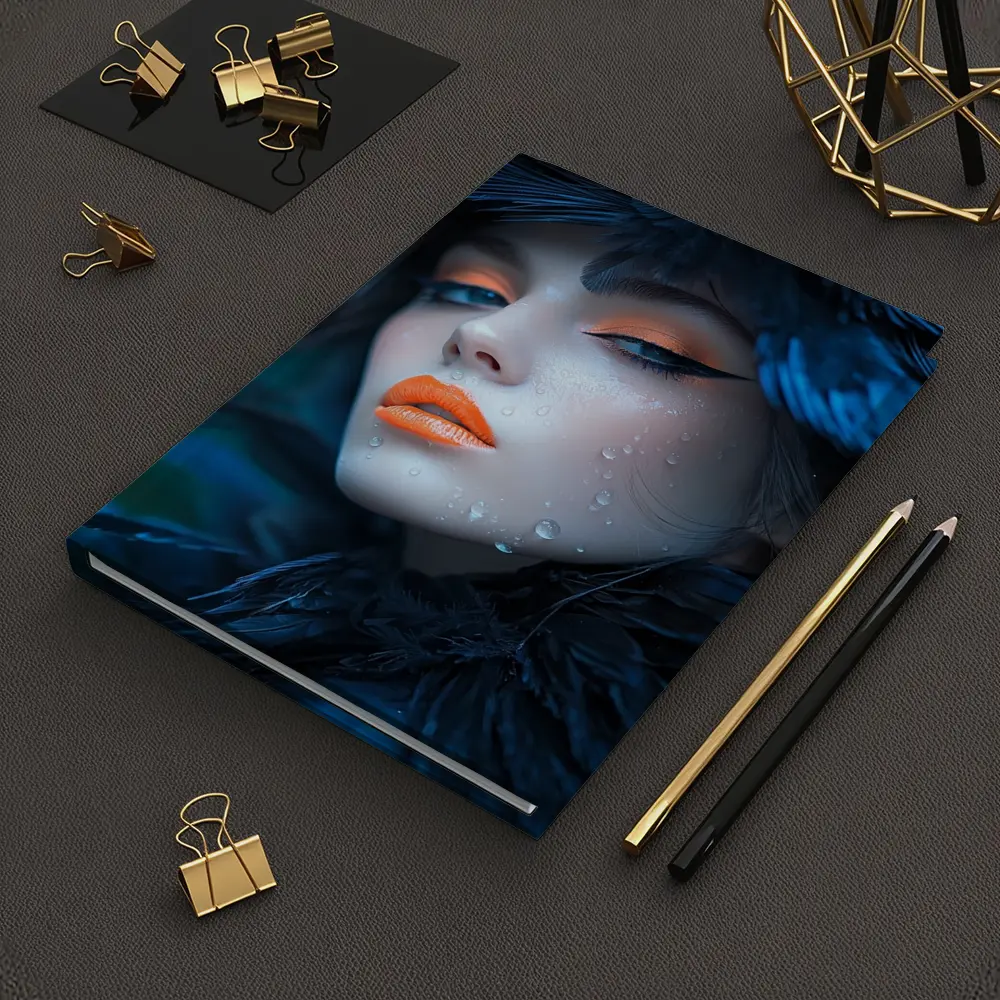 Woman Blue Feathers Orange Lips Portrait – Notebooks