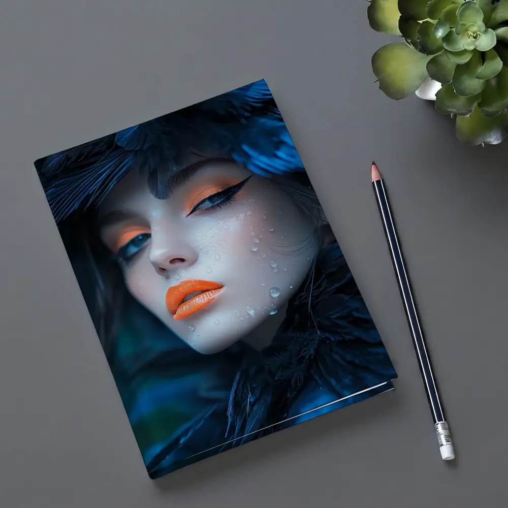 Woman Blue Feathers Orange Lips Portrait – Notebooks