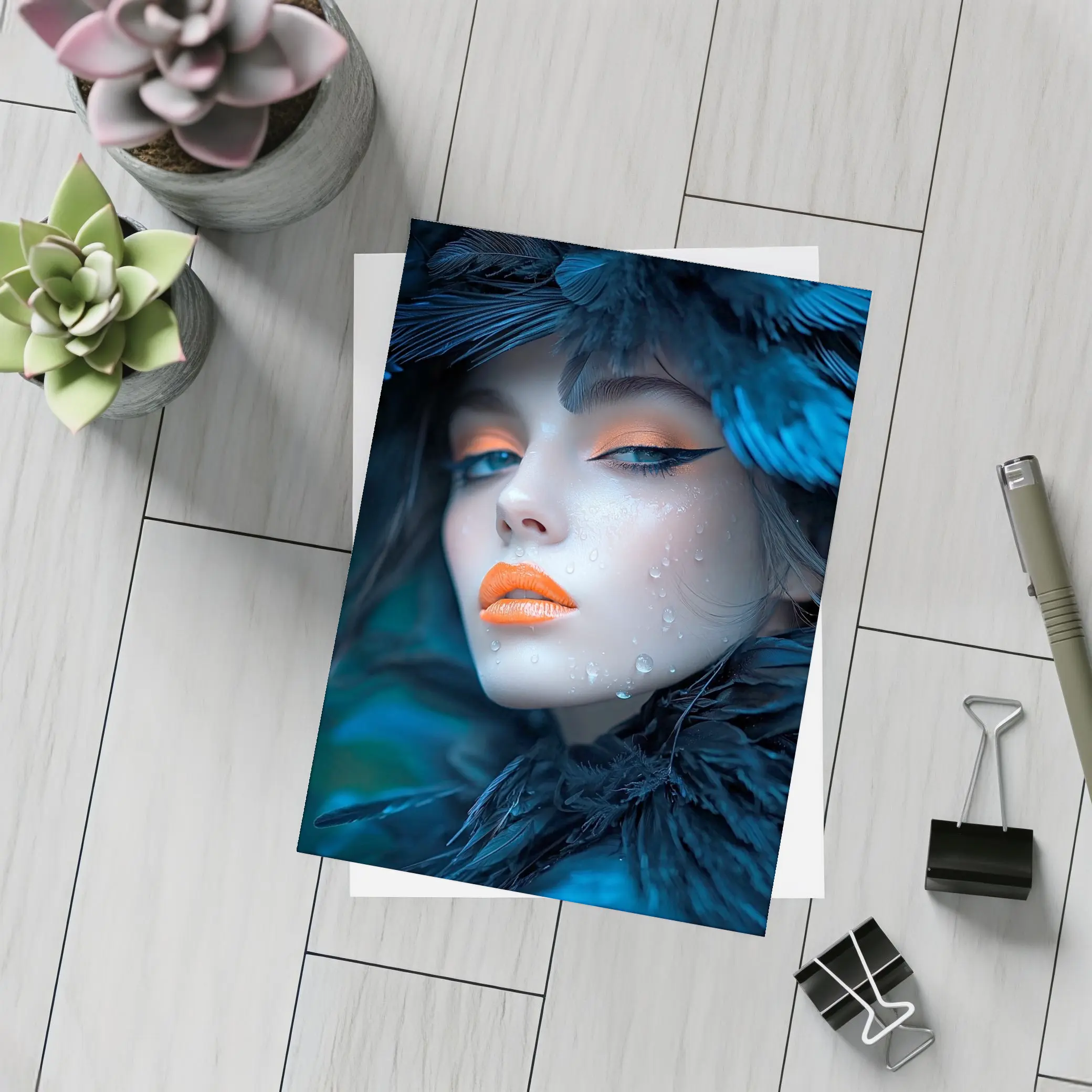 Woman Blue Feathers Orange Lips Portrait – Postcards