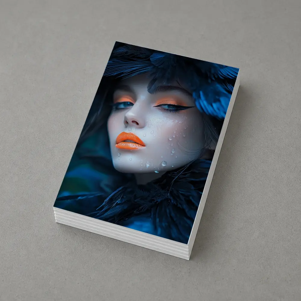 Woman Blue Feathers Orange Lips Portrait – Postcards
