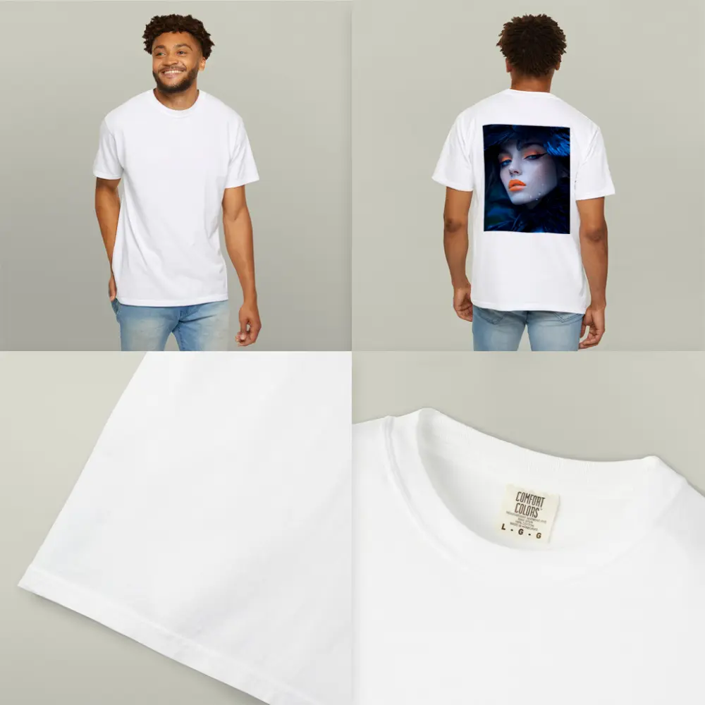 Woman Blue Feathers Orange Lips Portrait – T-Shirts