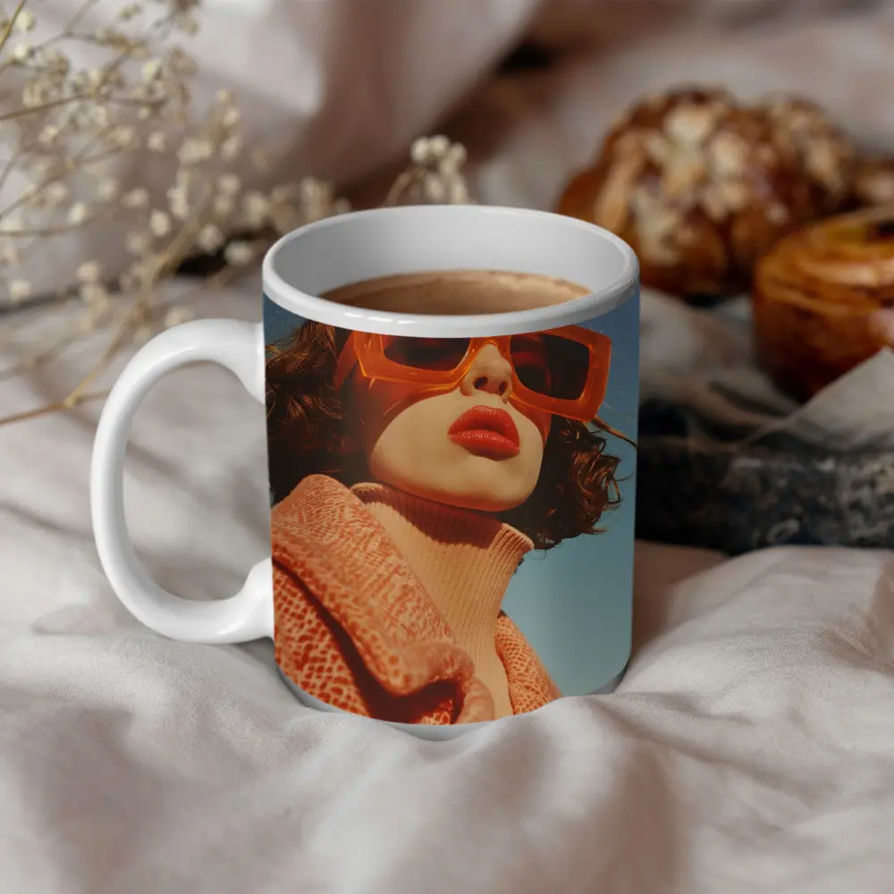 Woman Orange Sunglasses Blue Sky Fashion – Mugs