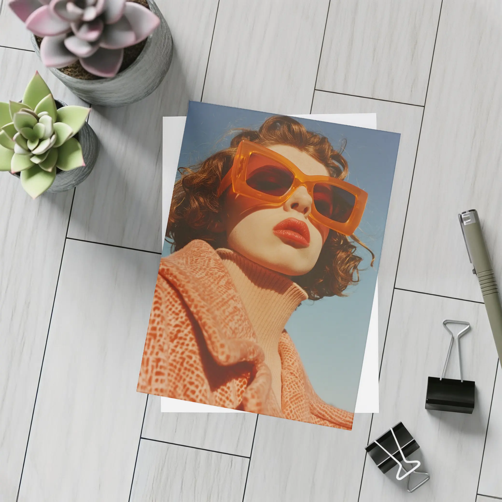 Woman Orange Sunglasses Blue Sky Fashion – Postcards
