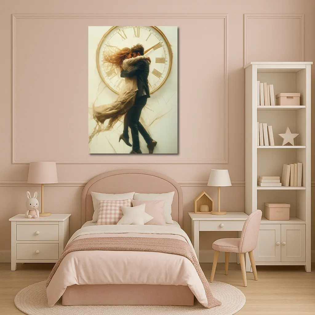 Couple Embracing In Front Of Clock – Wall Art