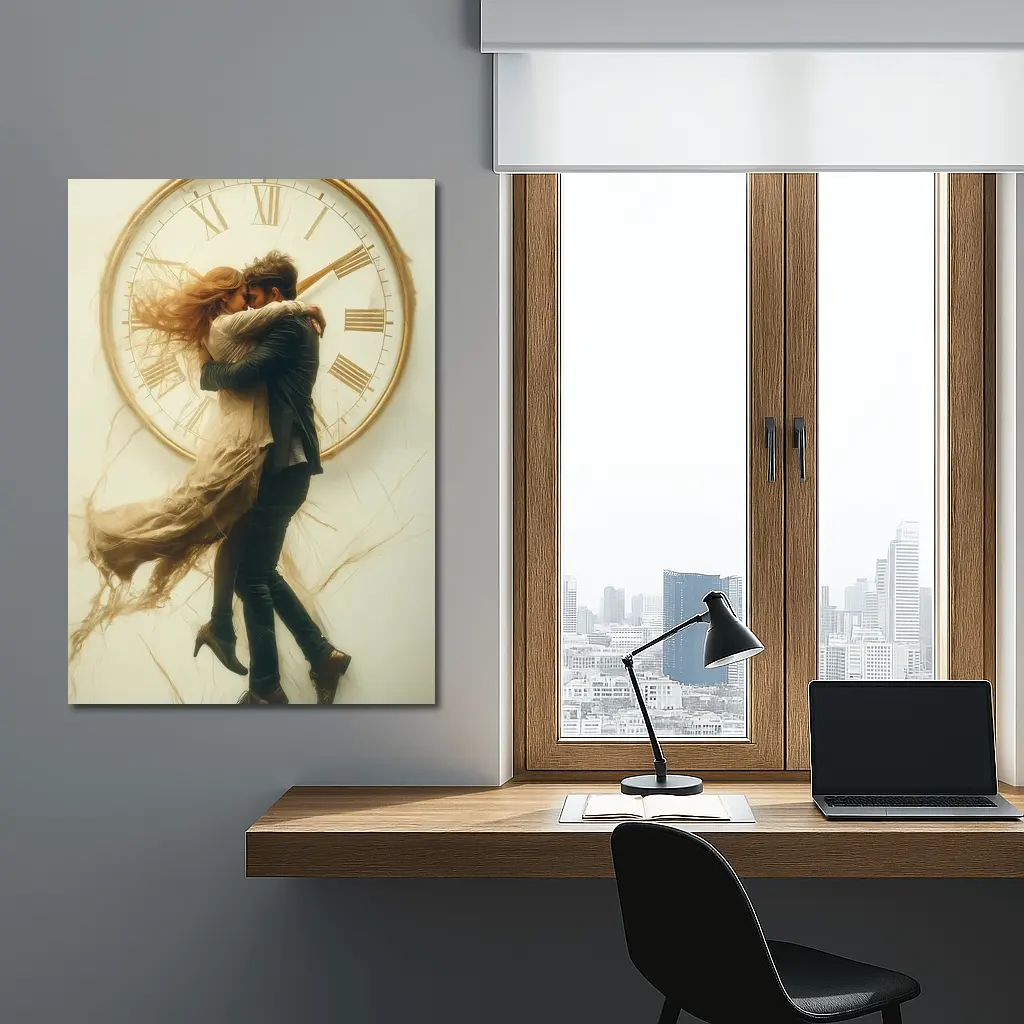 Couple Embracing In Front Of Clock – Wall Art