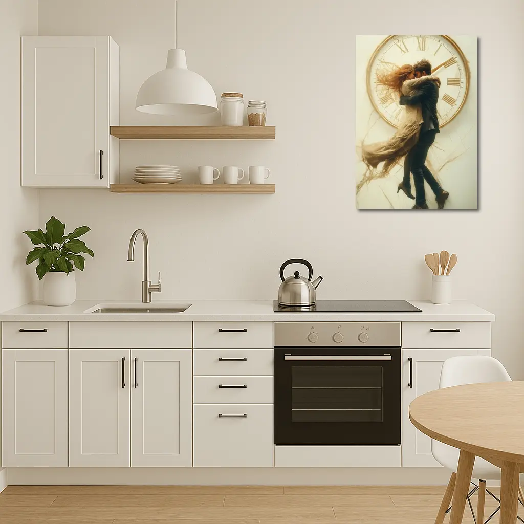 Couple Embracing In Front Of Clock – Wall Art