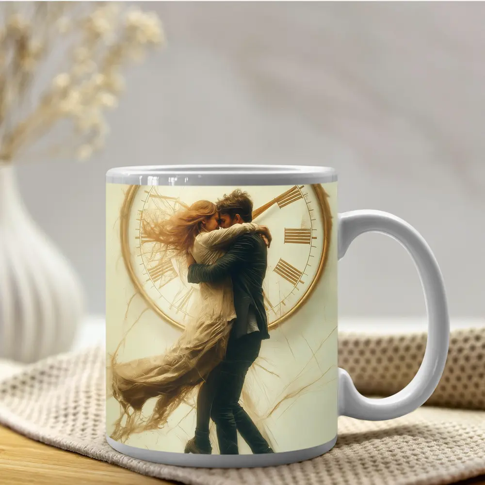 Couple Embracing In Front Of Clock – Mugs