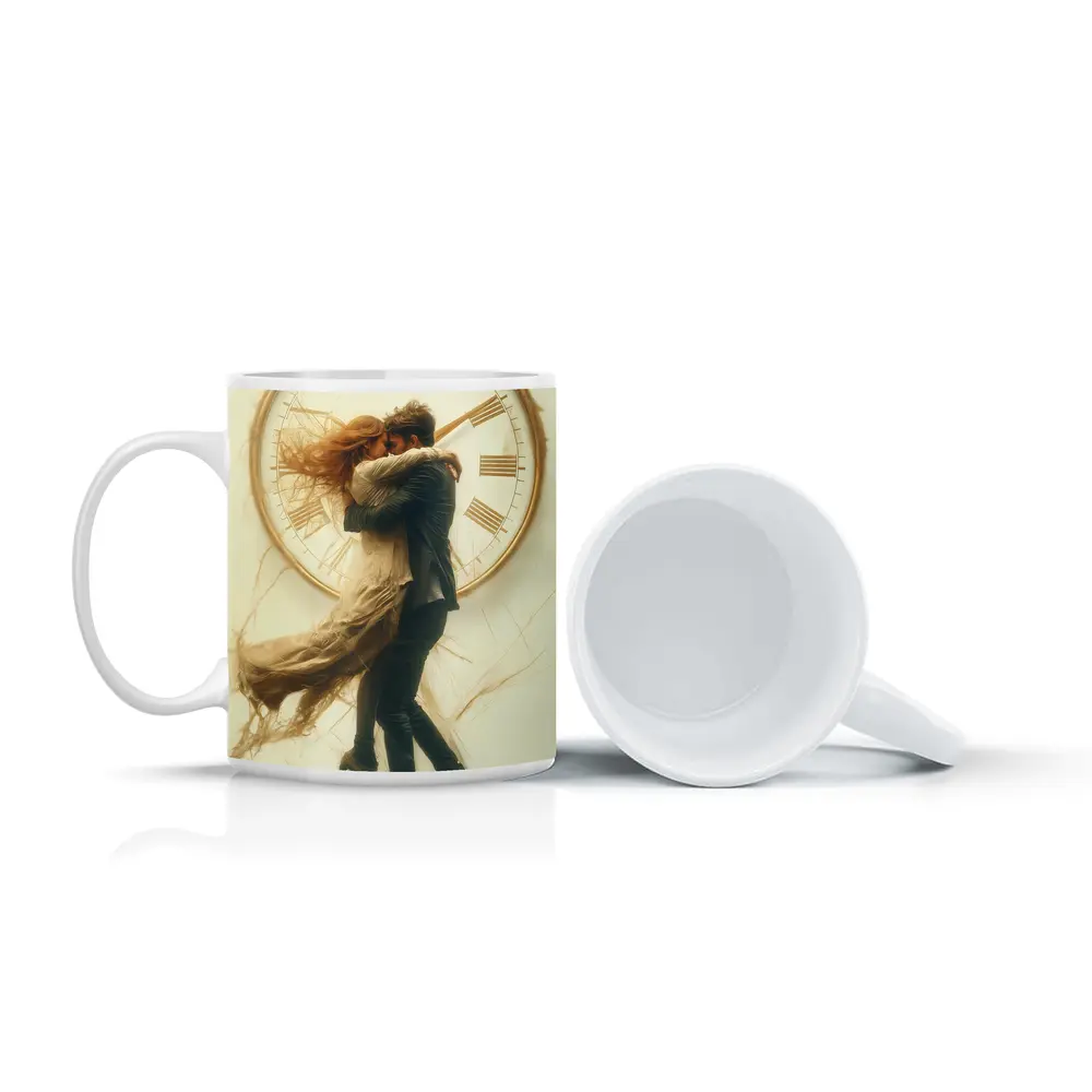 Couple Embracing In Front Of Clock – Mugs