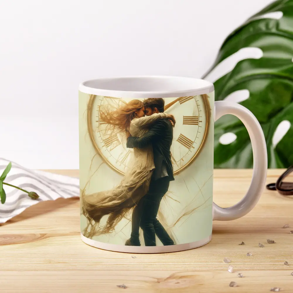 Couple Embracing In Front Of Clock – Mugs