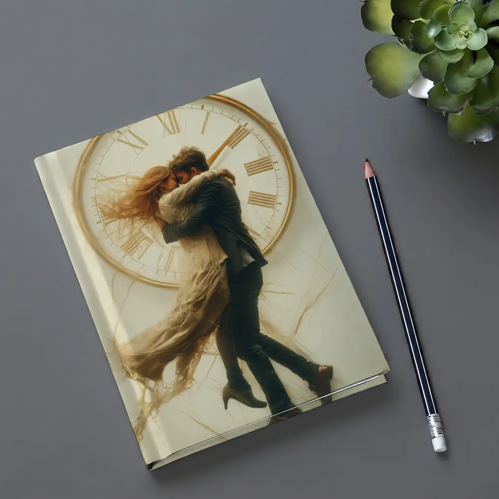 Couple Embracing In Front Of Clock – Notebooks