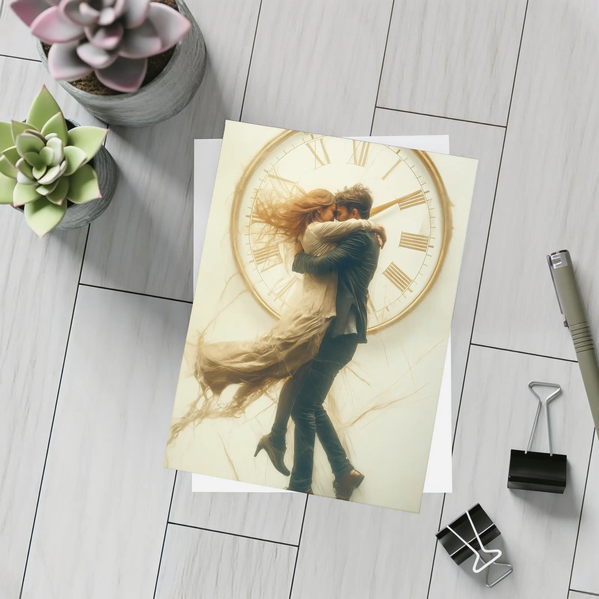 Couple Embracing In Front Of Clock – Postcards