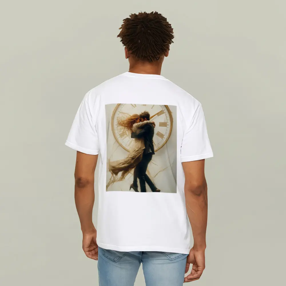 Couple Embracing In Front Of Clock – T-Shirts