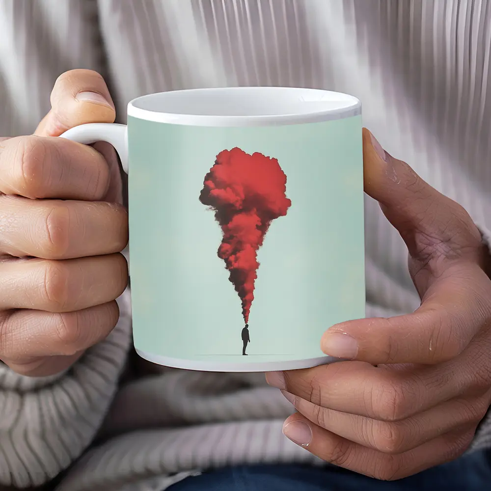 Man Red Smoke Cloud Surreal Minimal Art – Mugs