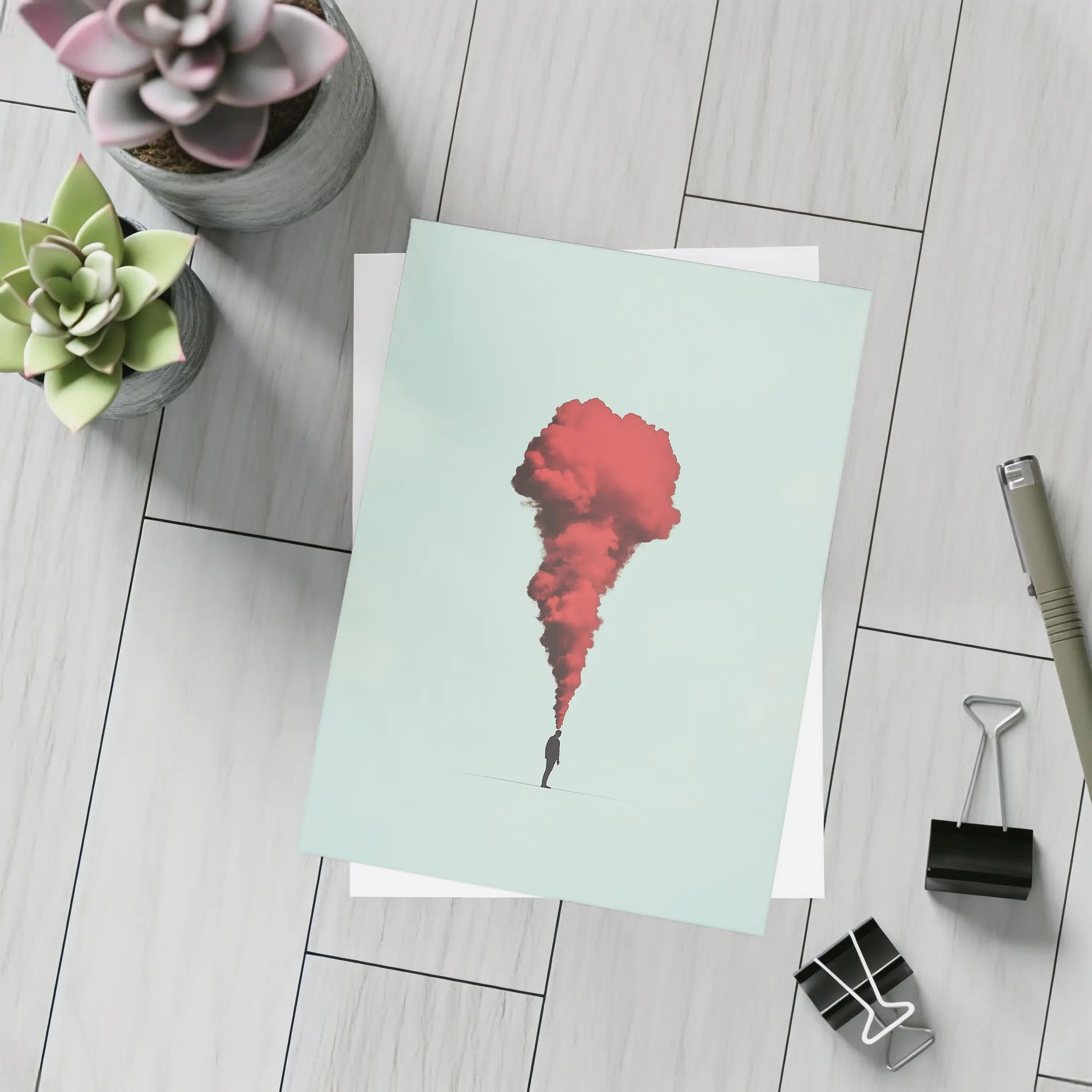 Man Red Smoke Cloud Surreal Minimal Art – Postcards