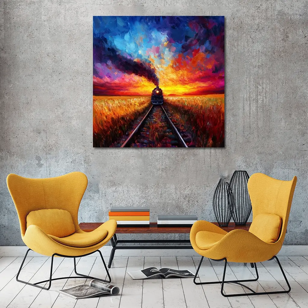 Steam Train Oil Painting Sunset Fields – Wall Art