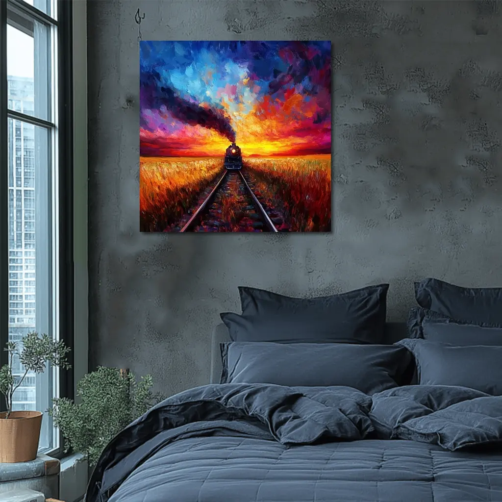 Steam Train Oil Painting Sunset Fields – Wall Art