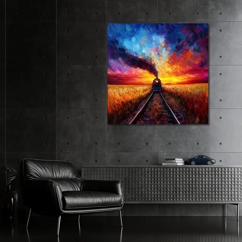Steam Train Oil Painting Sunset Fields – Wall Art