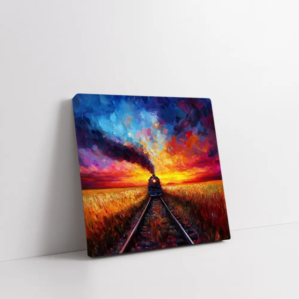 Steam Train Oil Painting Sunset Fields – Wall Art