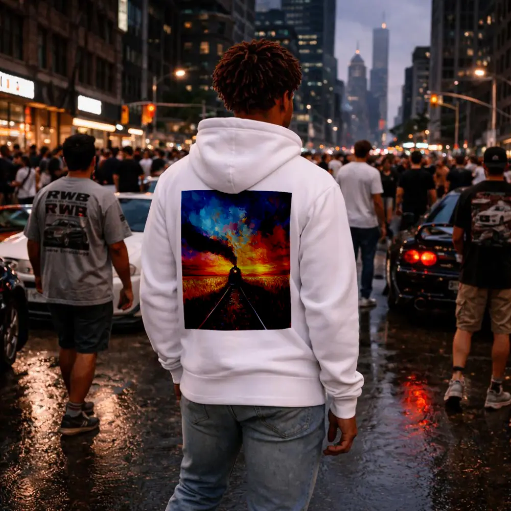 Steam Train Oil Painting Sunset Fields – Hoodies