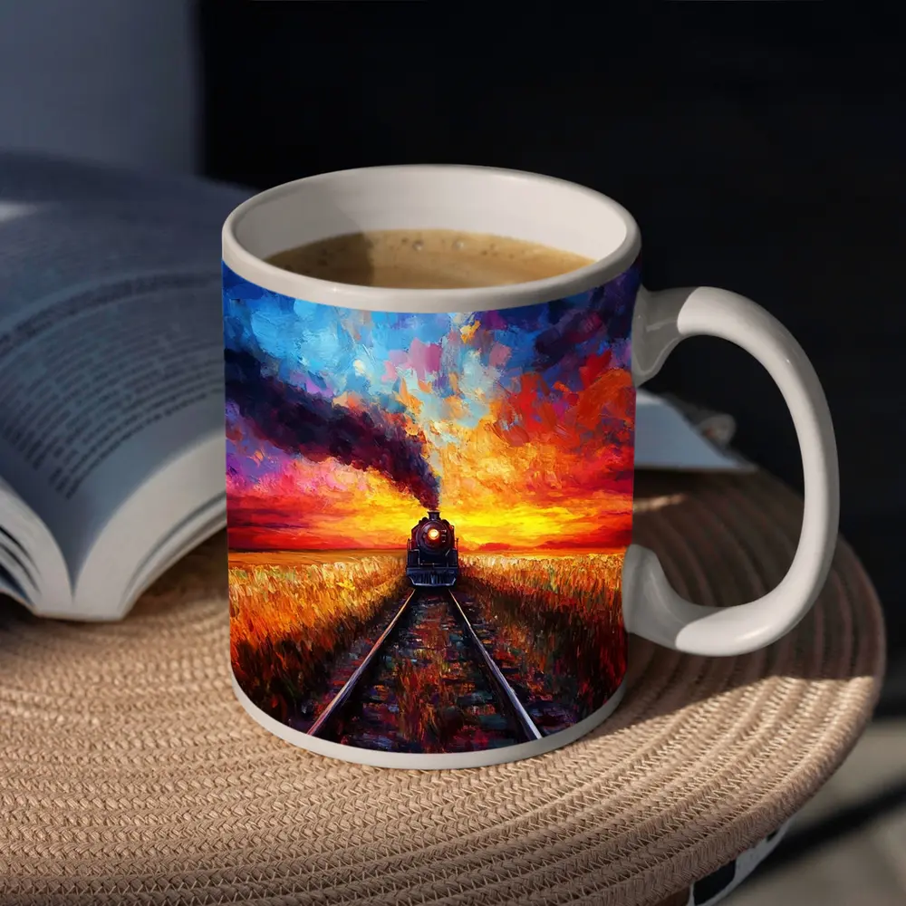 Steam Train Oil Painting Sunset Fields – Mugs