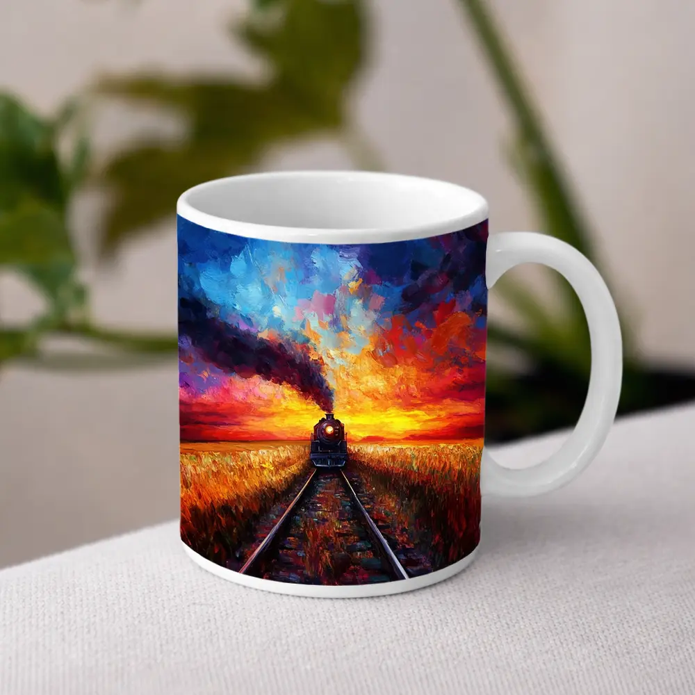Steam Train Oil Painting Sunset Fields – Mugs