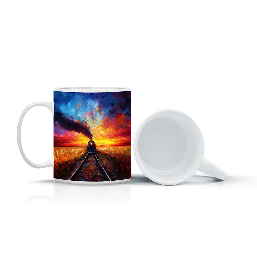 Steam Train Oil Painting Sunset Fields – Mugs