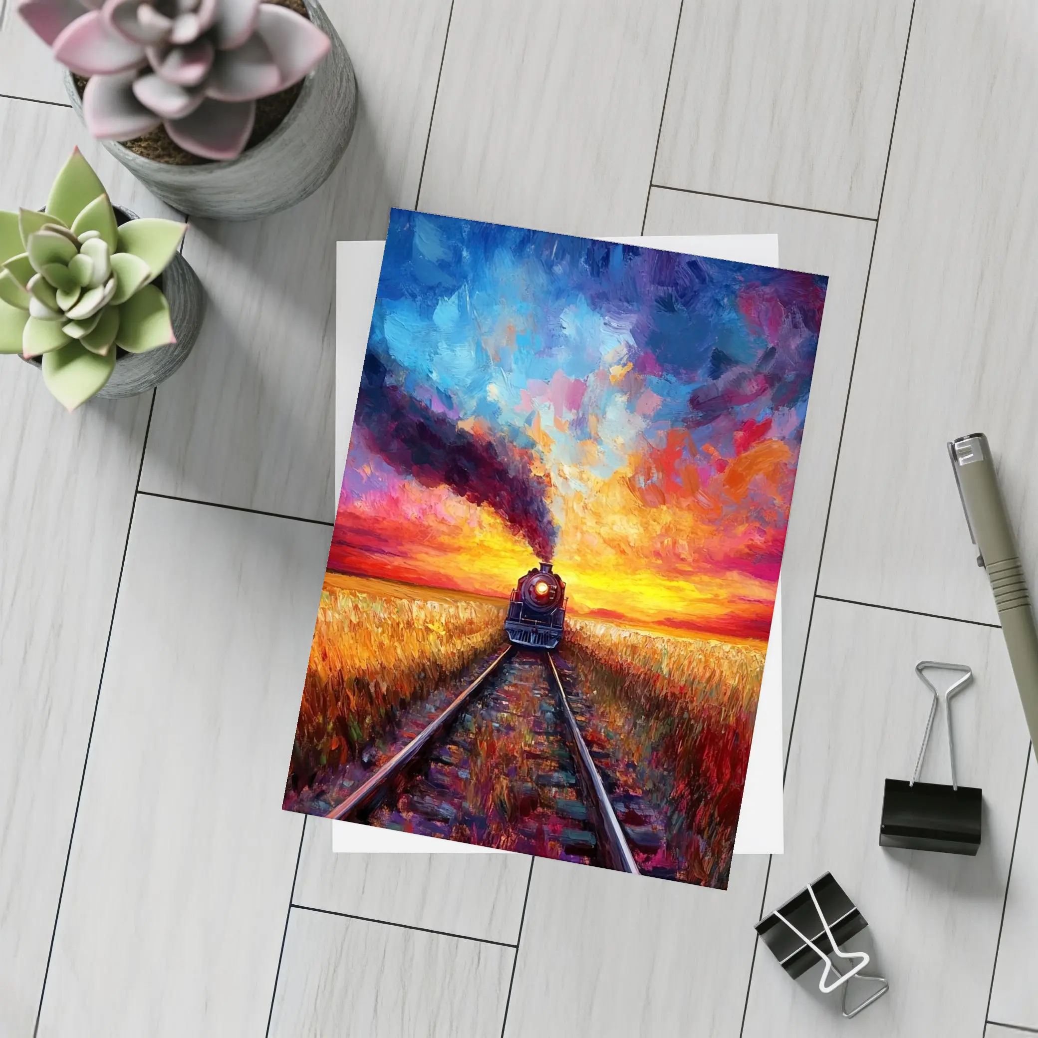 Steam Train Oil Painting Sunset Fields – Postcards