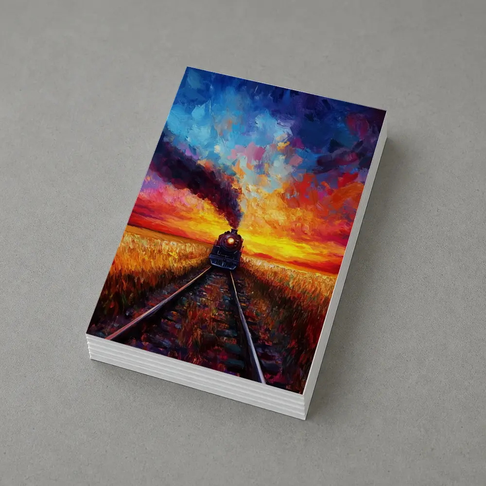 Steam Train Oil Painting Sunset Fields – Postcards