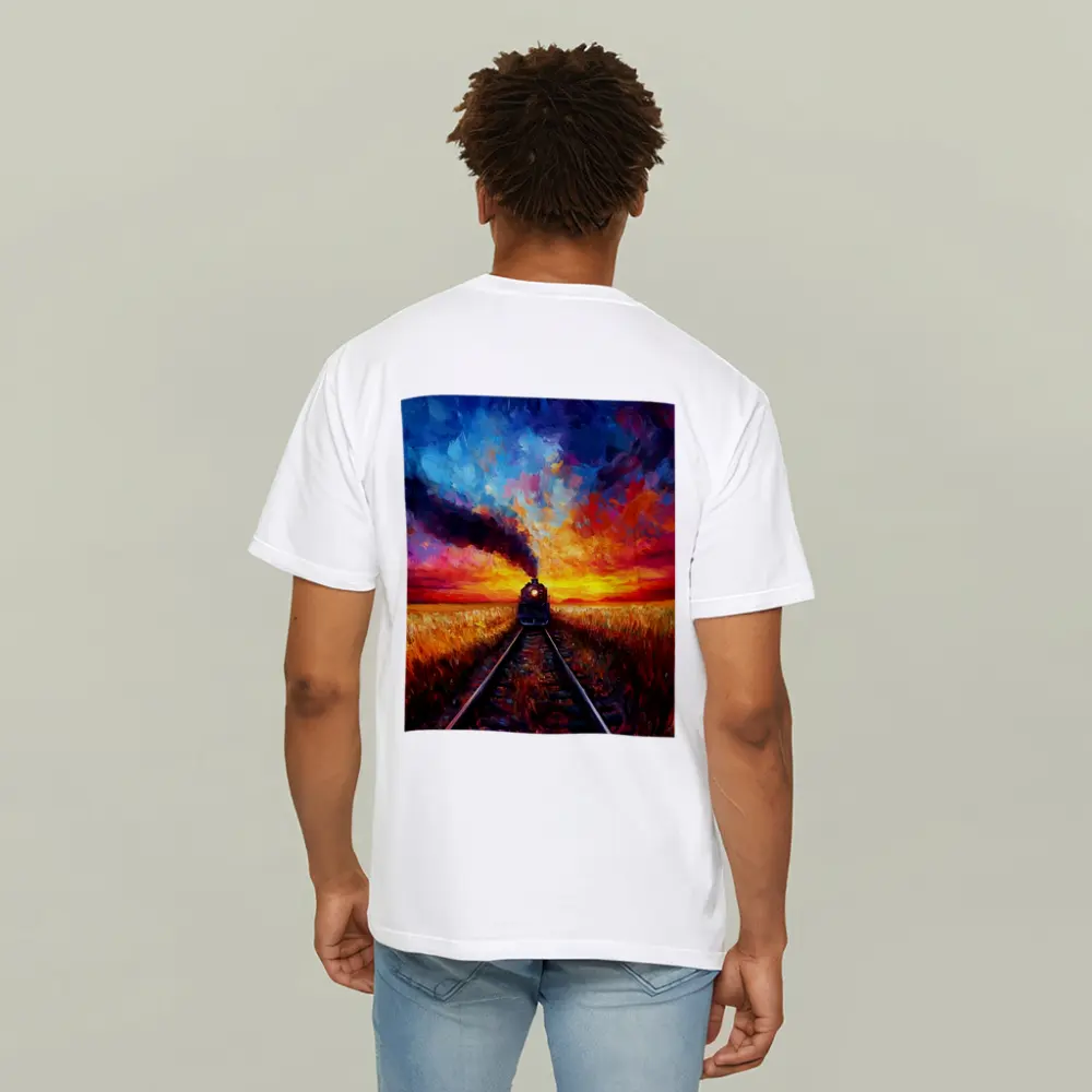 Steam Train Oil Painting Sunset Fields – T-Shirts