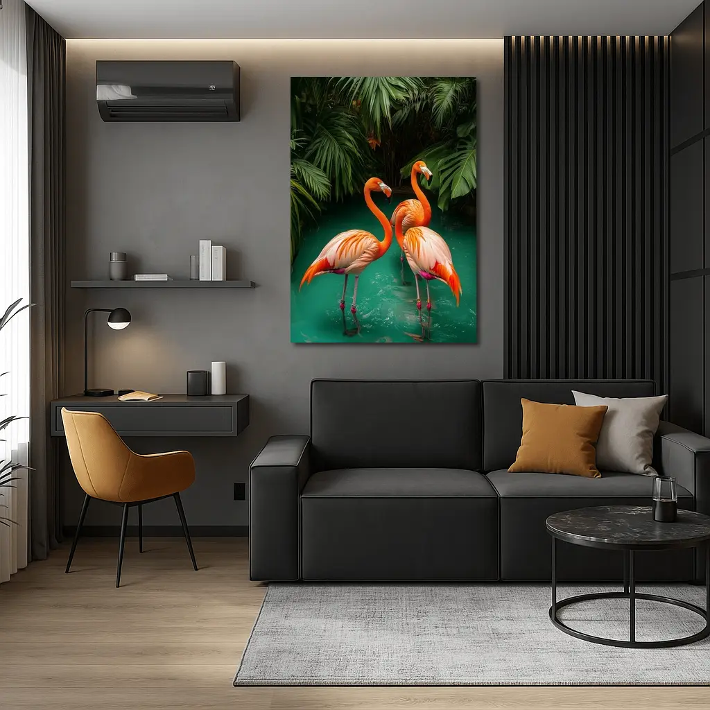 Two Flamingos Standing Tropical Green Water – Wall Art