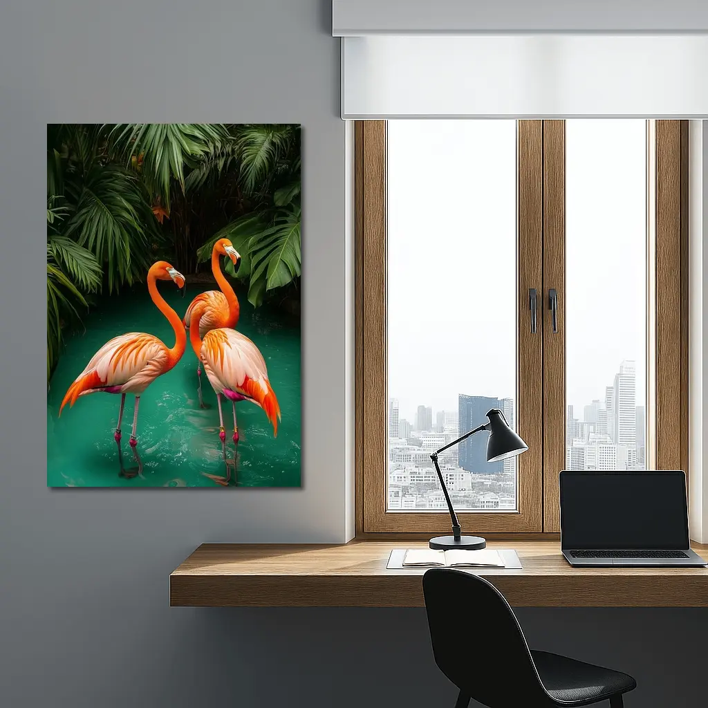 Two Flamingos Standing Tropical Green Water – Wall Art