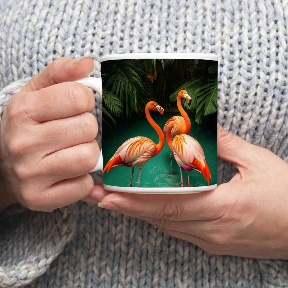Two Flamingos Standing Tropical Green Water – Mugs