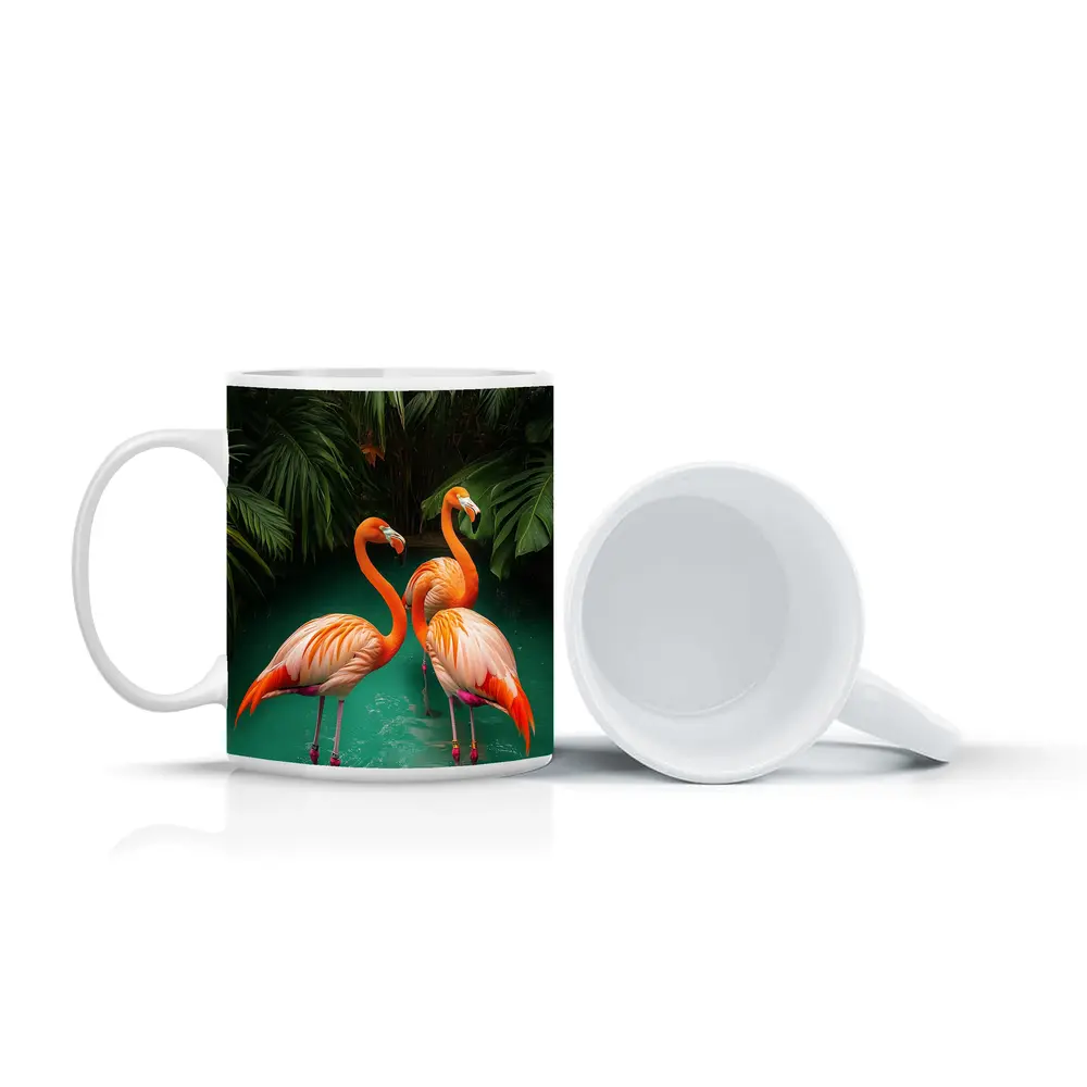 Two Flamingos Standing Tropical Green Water – Mugs