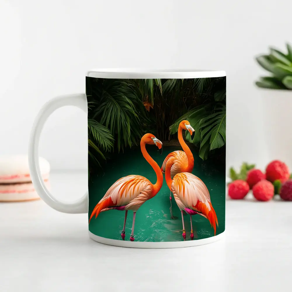 Two Flamingos Standing Tropical Green Water – Mugs